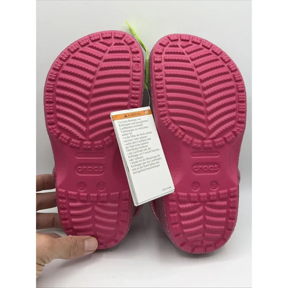 Crocs Classic Chunky Glitter Clog Iridescent Dragon Fruit Pink Kids Size J3 NWT